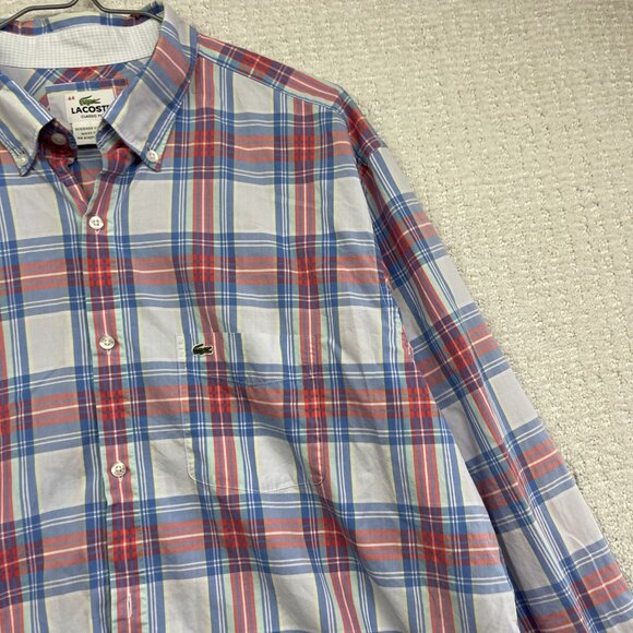 Lacoste Mens Sz 44 Classic Fit Pink & Blue Plaid Button Down Dress Shirt Casual - Picture 4 of 14